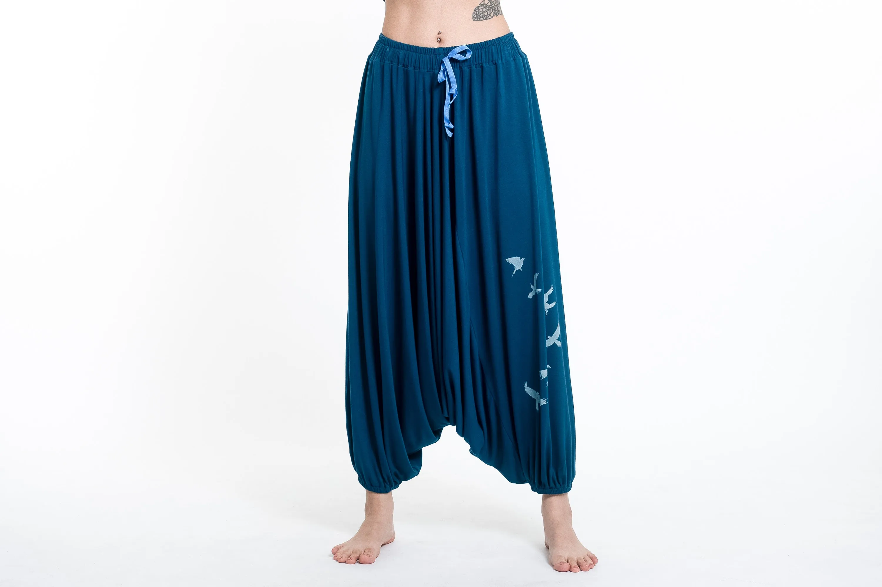 Birds Print Drawstring Low Cut Harem Pants Cotton Spandex in Turquoise
