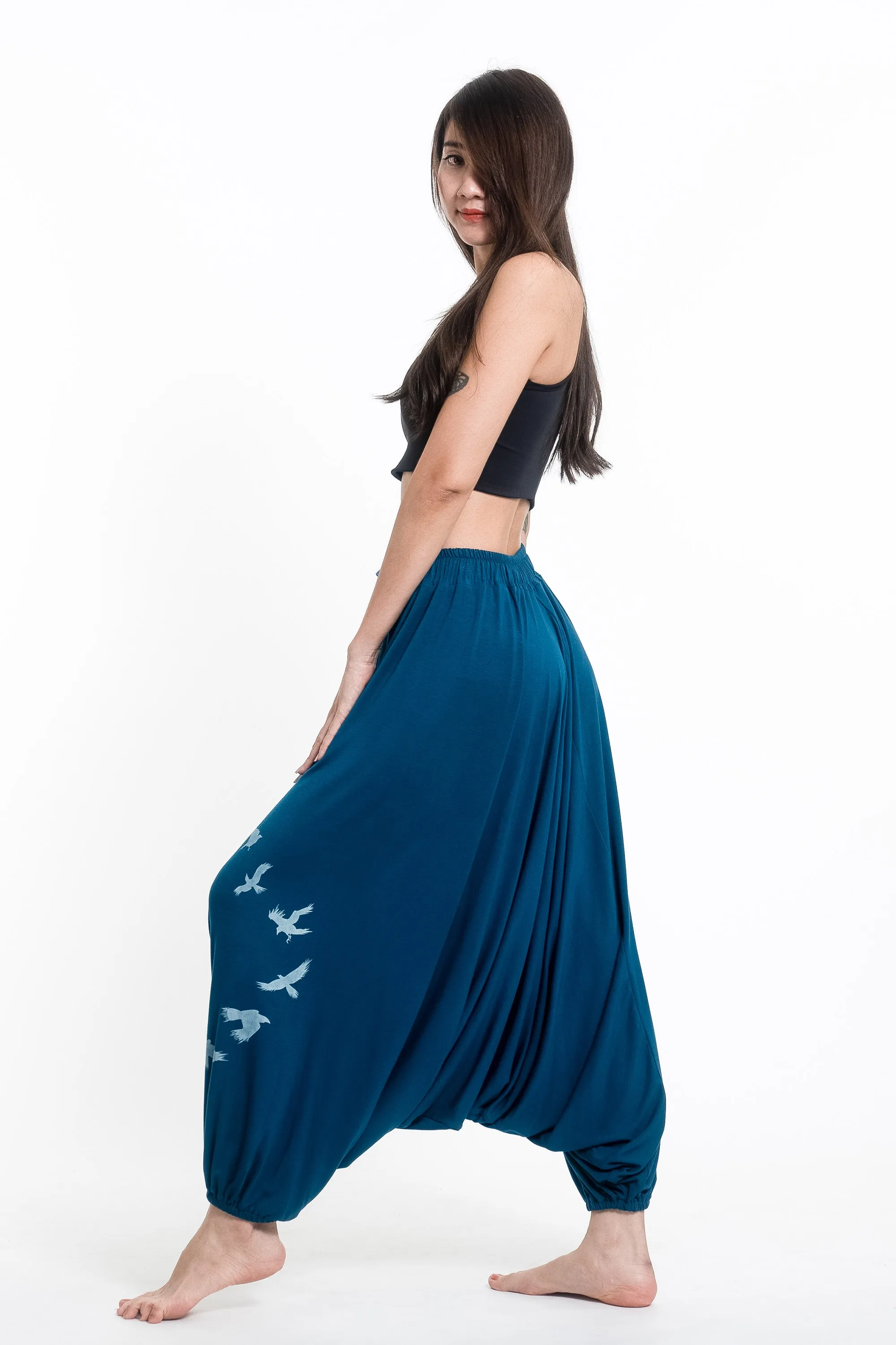 Birds Print Drawstring Low Cut Harem Pants Cotton Spandex in Turquoise
