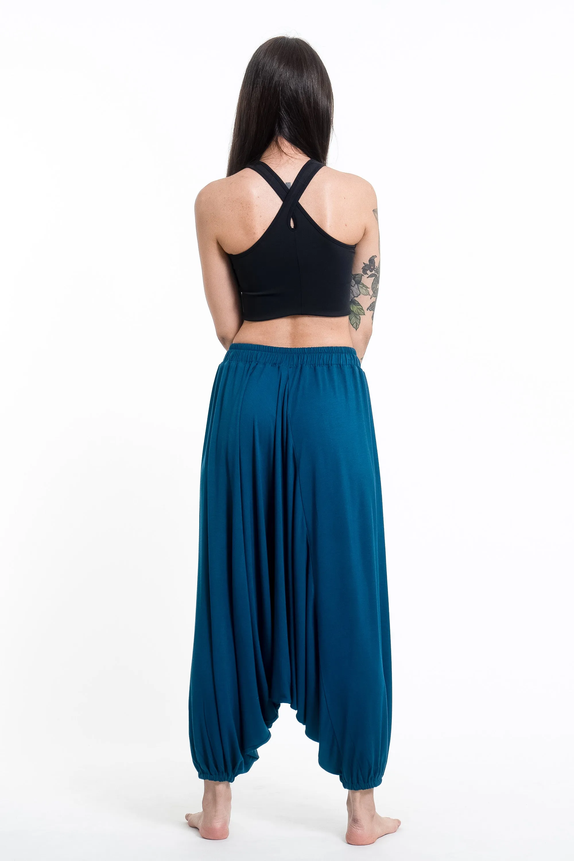 Birds Print Drawstring Low Cut Harem Pants Cotton Spandex in Turquoise