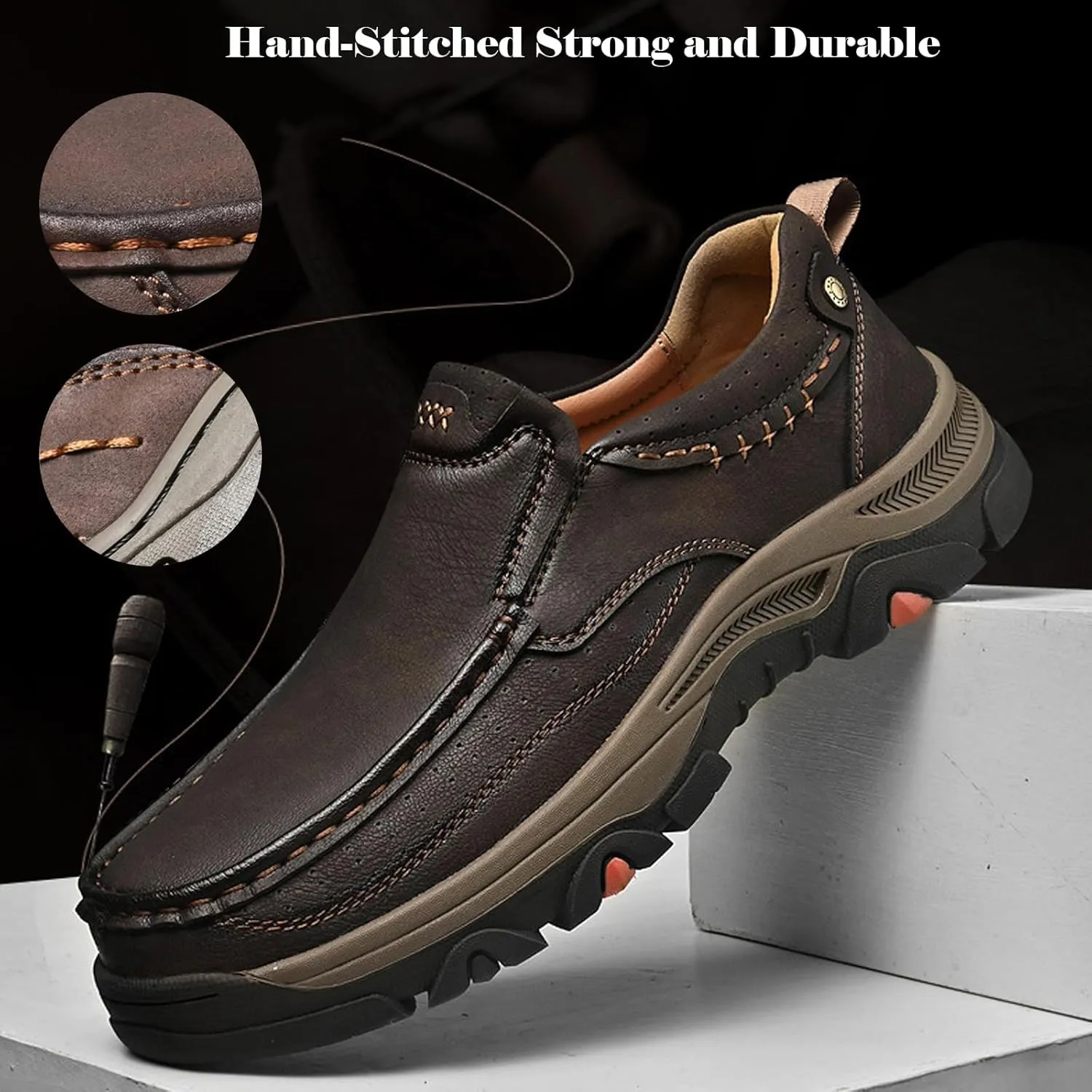 bumuam Non Slip Hiking Shoes for Men Waterproof Leather Loafers Casual Lightweight Slip on Walking Sneakers for Walking Trekking Outdoor