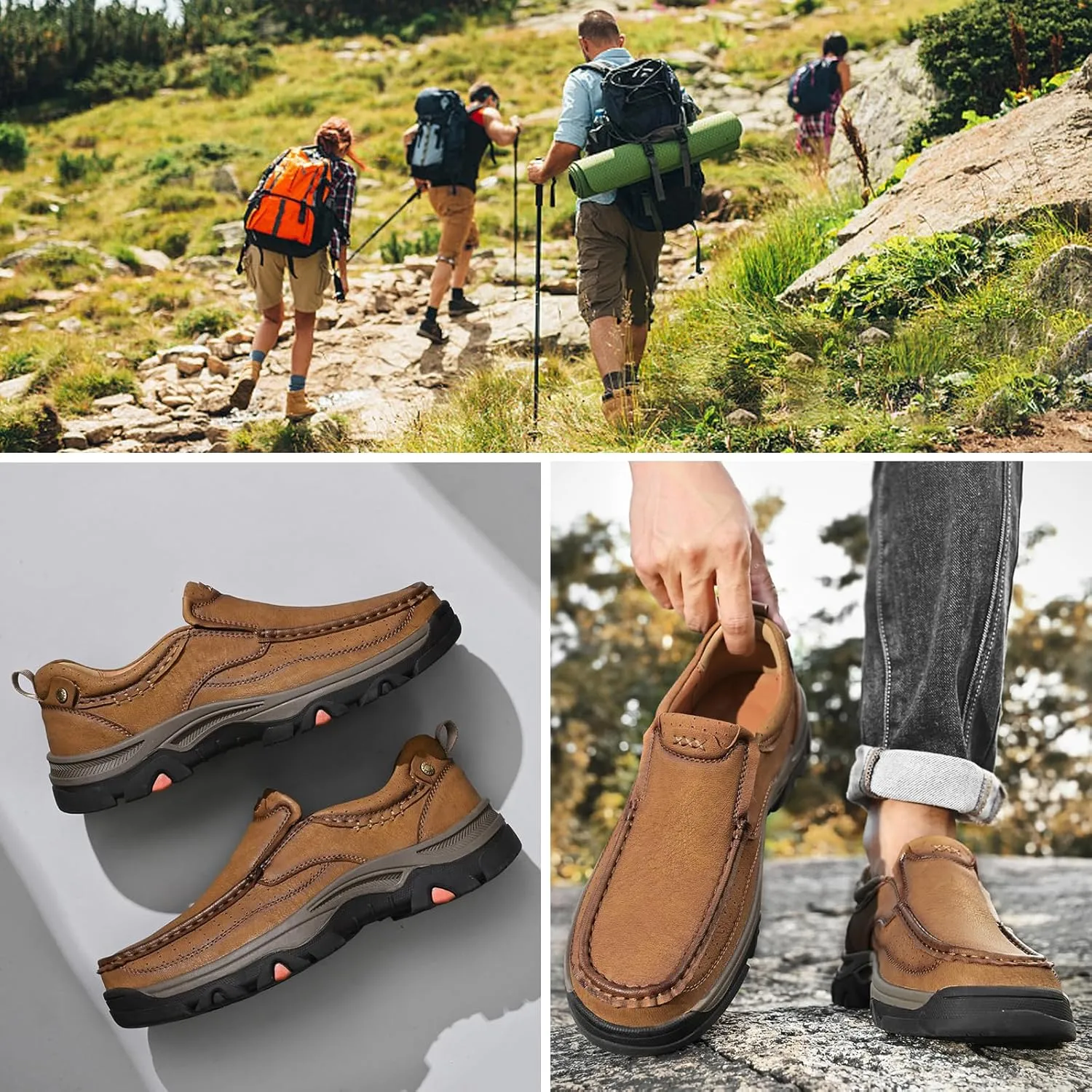 bumuam Non Slip Hiking Shoes for Men Waterproof Leather Loafers Casual Lightweight Slip on Walking Sneakers for Walking Trekking Outdoor