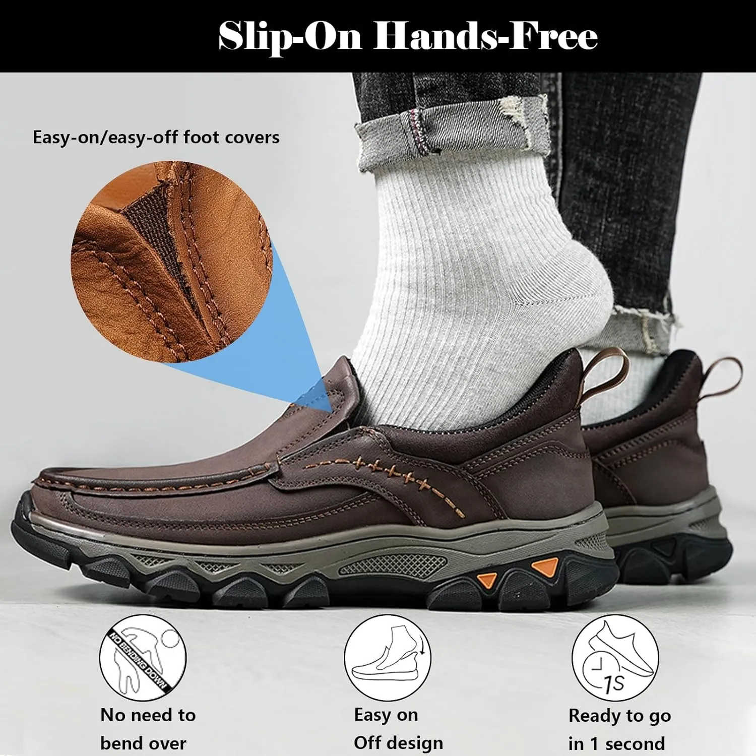 bumuam Non Slip Hiking Shoes for Men Waterproof Leather Loafers Casual Lightweight Slip on Walking Sneakers for Walking Trekking Outdoor