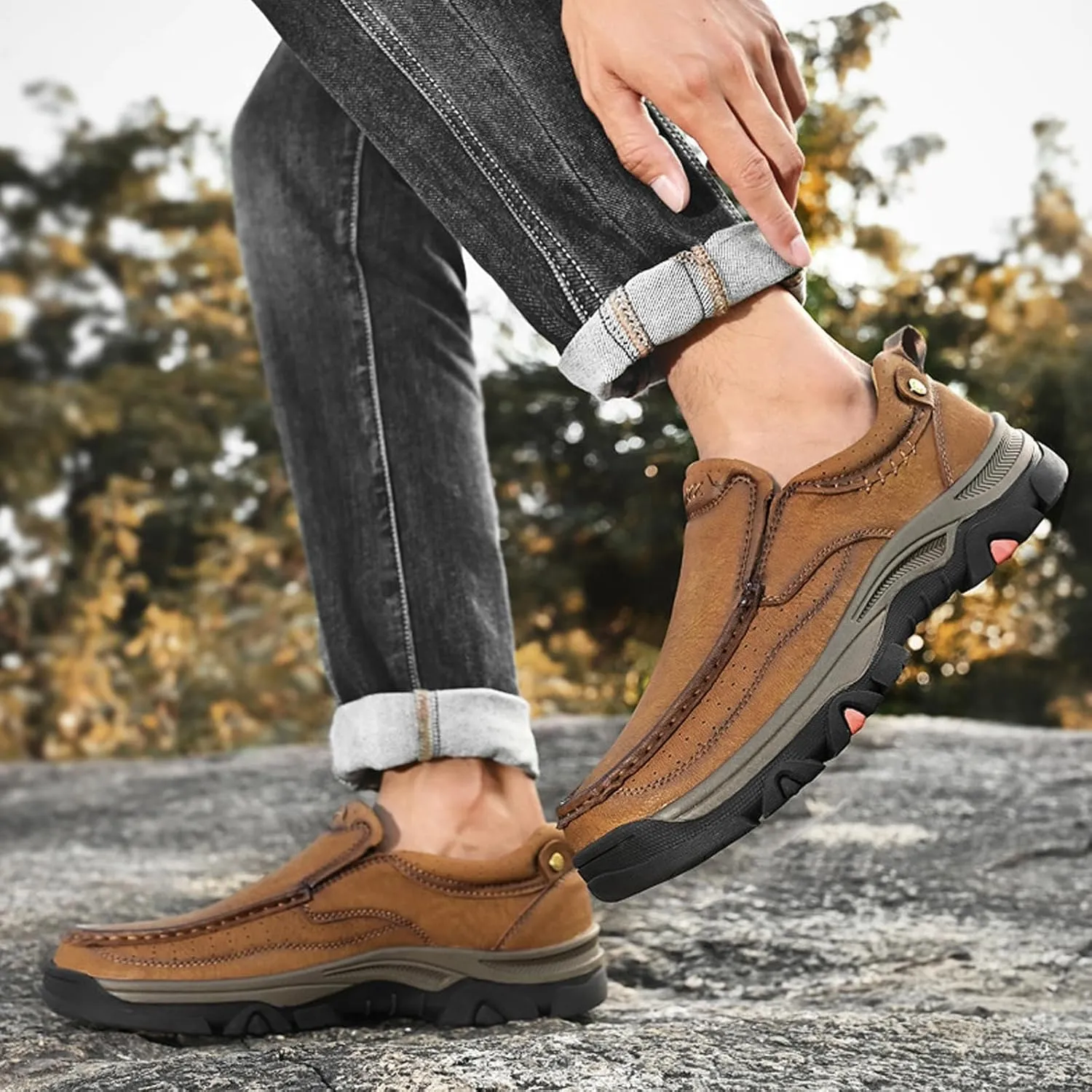 bumuam Non Slip Hiking Shoes for Men Waterproof Leather Loafers Casual Lightweight Slip on Walking Sneakers for Walking Trekking Outdoor