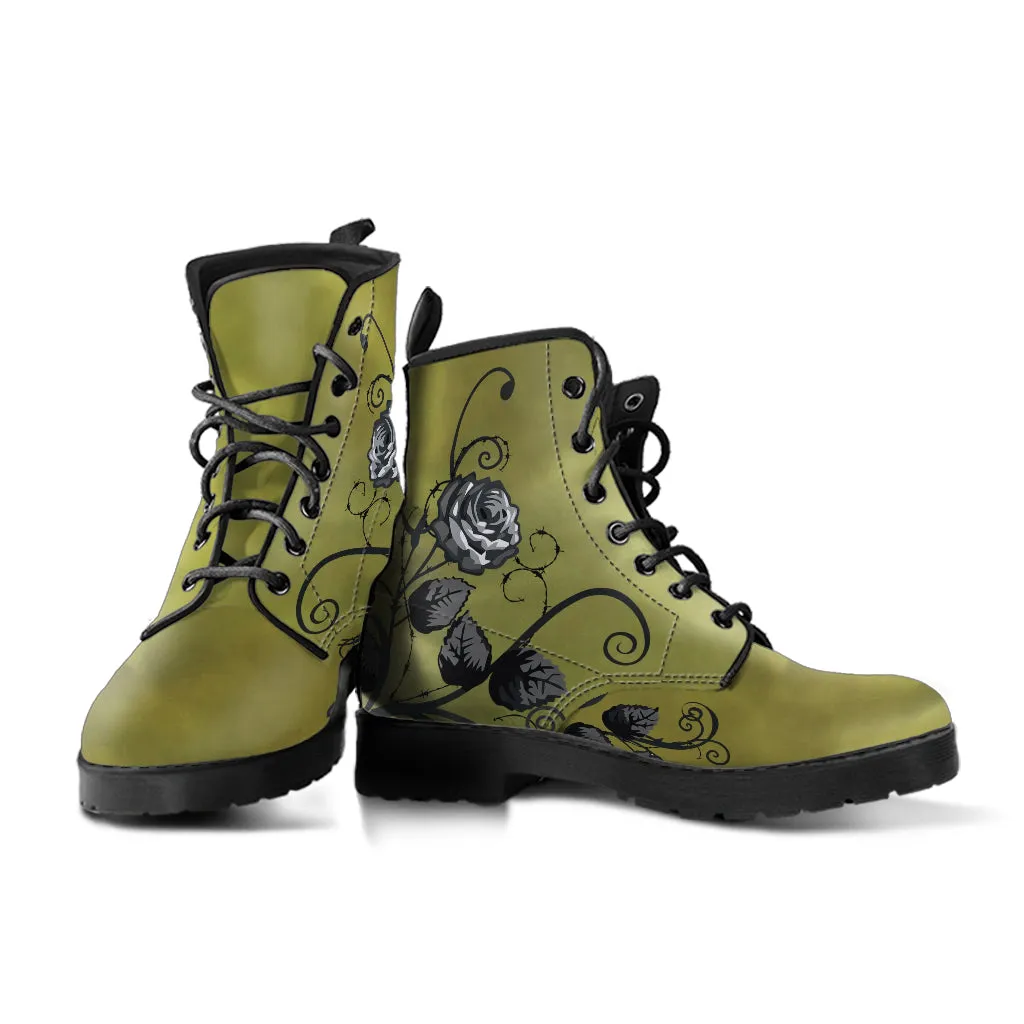 Combat Boots - Gray Roses, Smoky Green, Grunge | Cruelty-free Vegan Leather, Unique Custom Shoes, Handmade Lace Up, Colorful Floral, Flowers