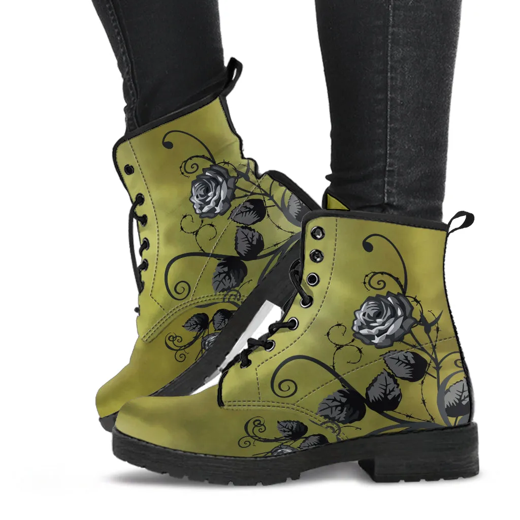 Combat Boots - Gray Roses, Smoky Green, Grunge | Cruelty-free Vegan Leather, Unique Custom Shoes, Handmade Lace Up, Colorful Floral, Flowers