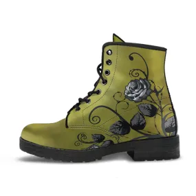 Combat Boots - Gray Roses, Smoky Green, Grunge | Cruelty-free Vegan Leather, Unique Custom Shoes, Handmade Lace Up, Colorful Floral, Flowers