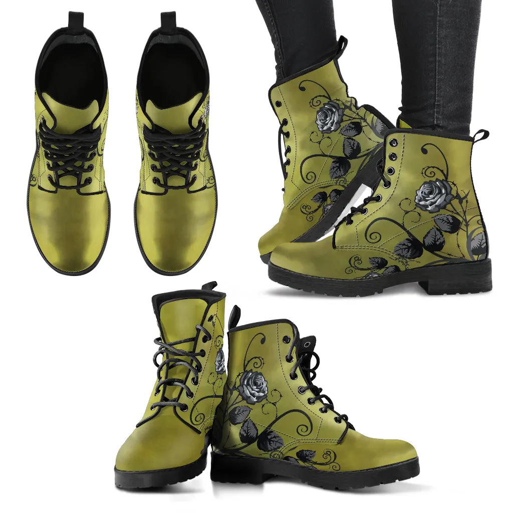 Combat Boots - Gray Roses, Smoky Green, Grunge | Cruelty-free Vegan Leather, Unique Custom Shoes, Handmade Lace Up, Colorful Floral, Flowers