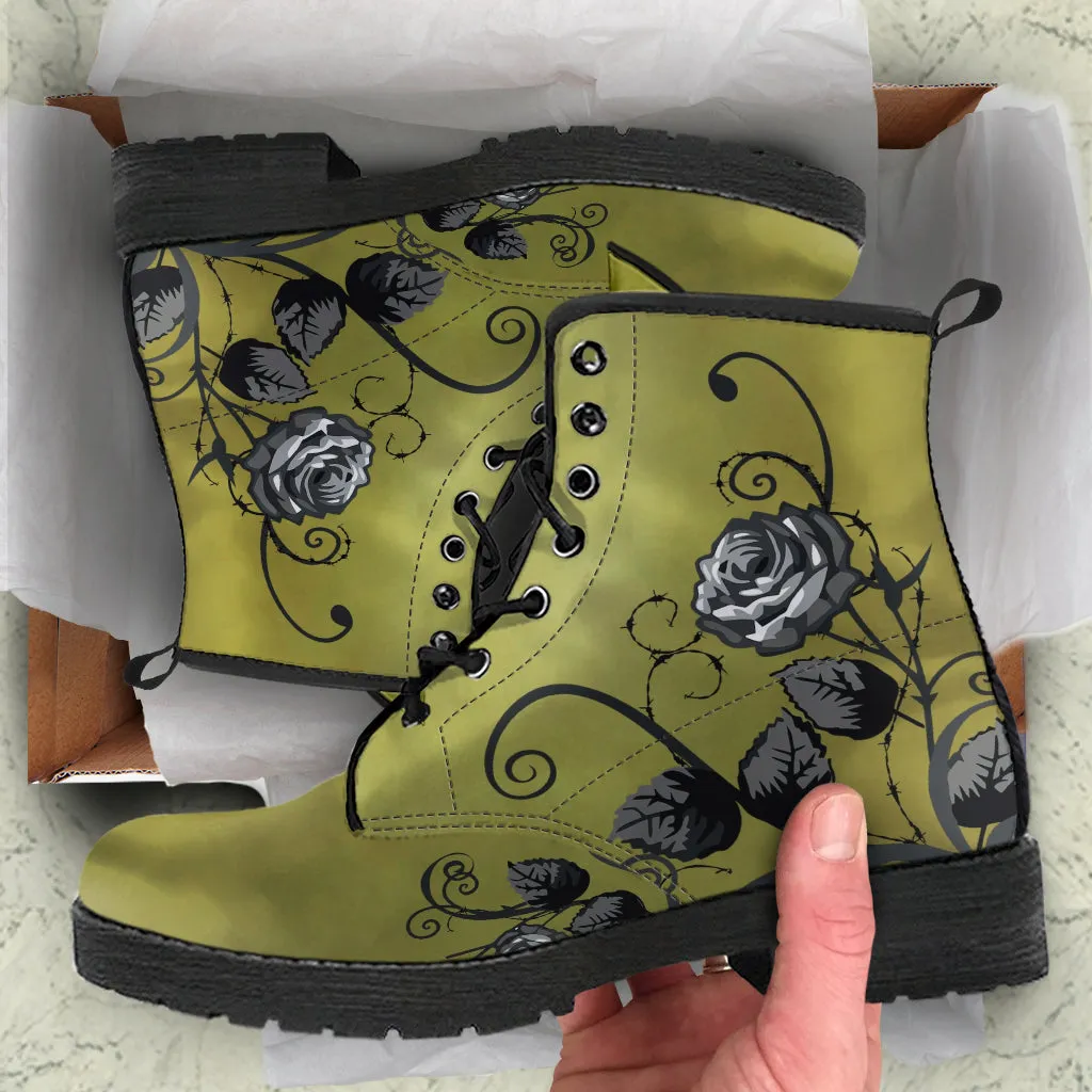 Combat Boots - Gray Roses, Smoky Green, Grunge | Cruelty-free Vegan Leather, Unique Custom Shoes, Handmade Lace Up, Colorful Floral, Flowers
