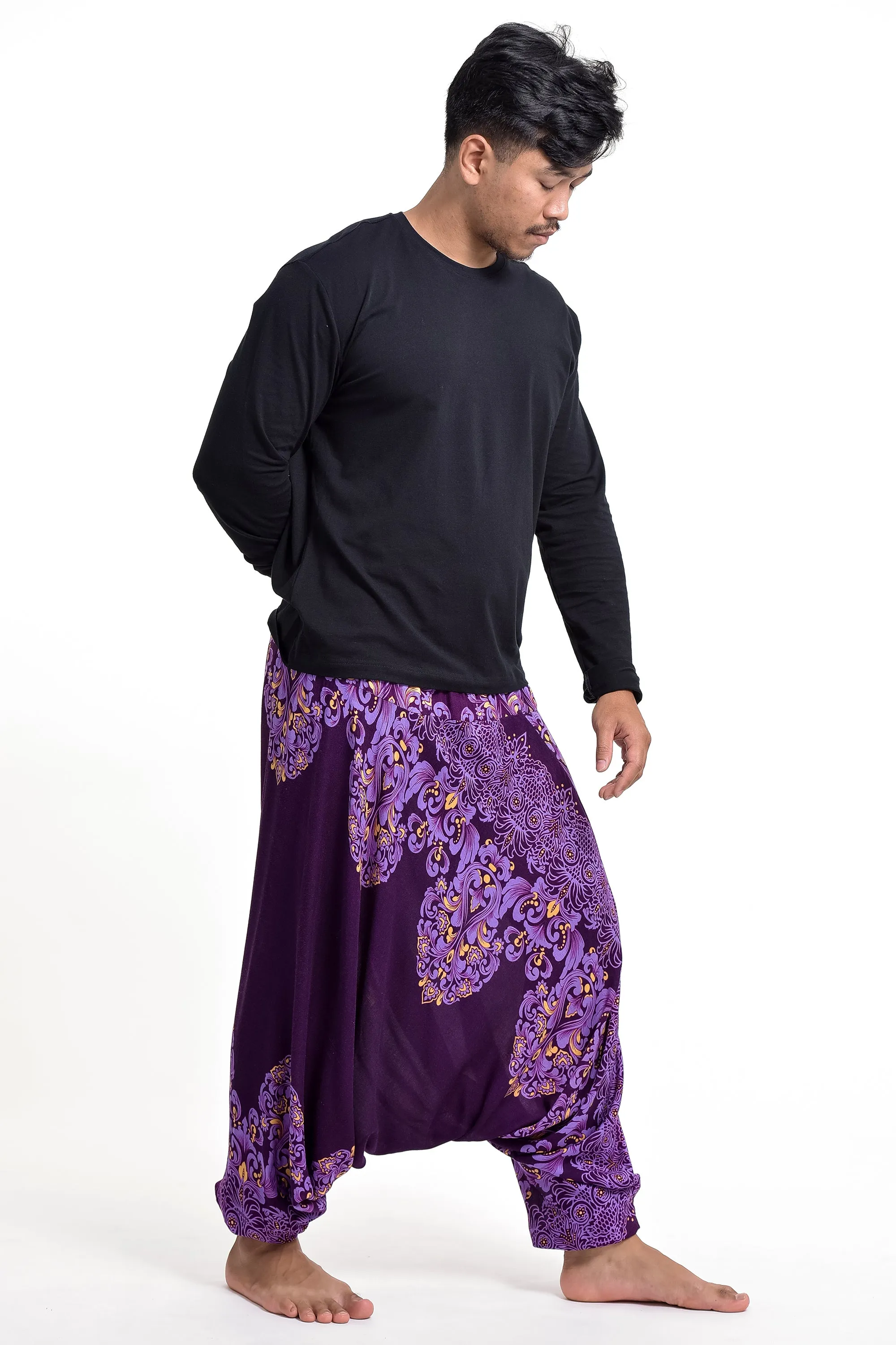 Floral Vines Drop Crotch Men's Harem Pants in Purple