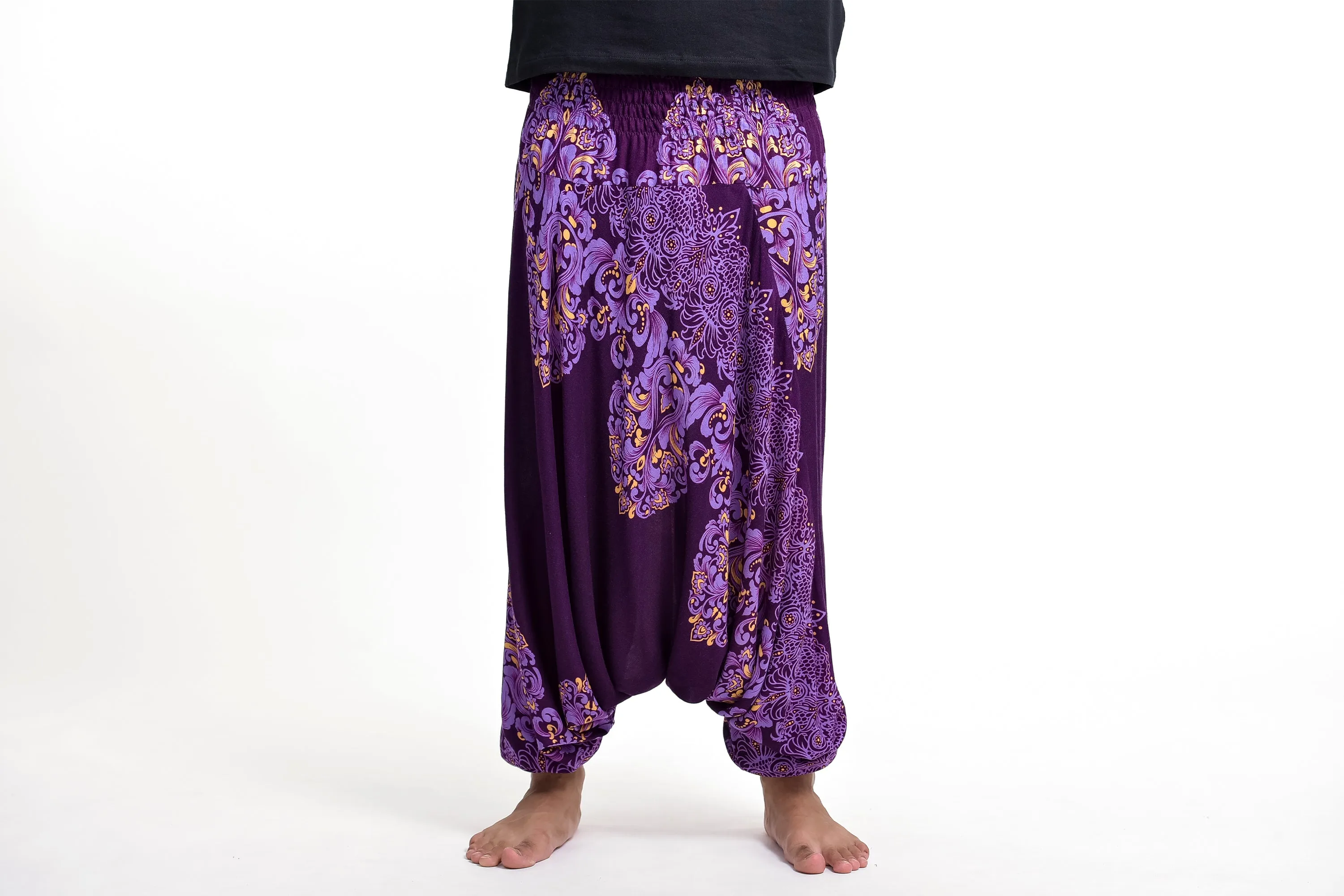 Floral Vines Drop Crotch Men's Harem Pants in Purple