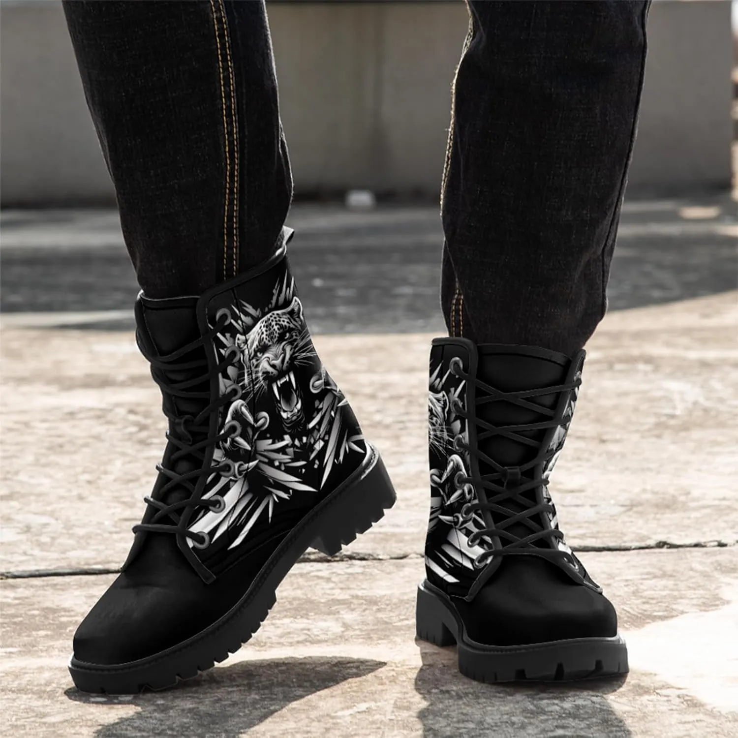 Gothic Skull Combat Boots for Women & Men  Punk Rose Lace-Up Ankle Boots  Microfiber Leather  Grunge Streetwear Shoes