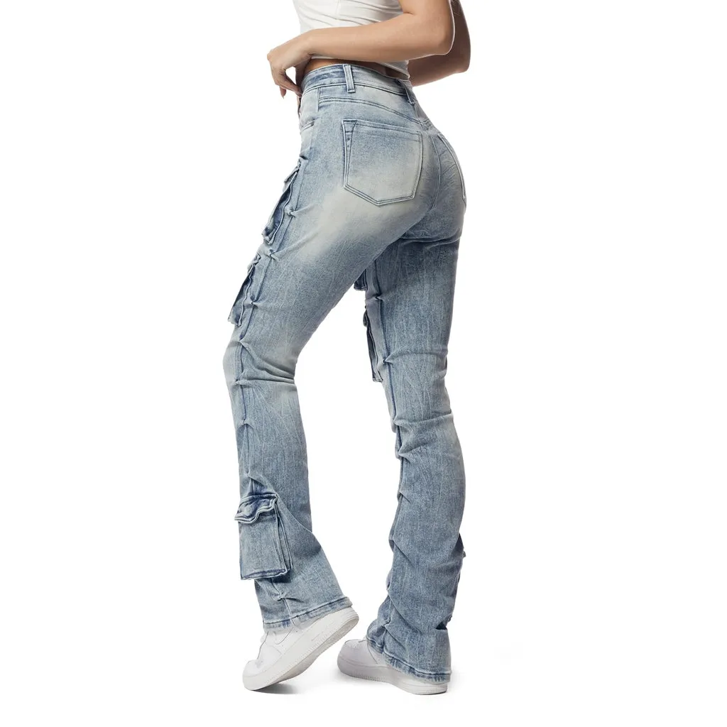 High Rise Utility Boot Cut Denim Jeans - Lowell Blue