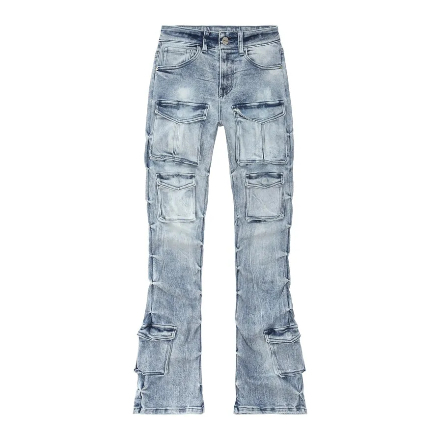 High Rise Utility Boot Cut Denim Jeans - Lowell Blue