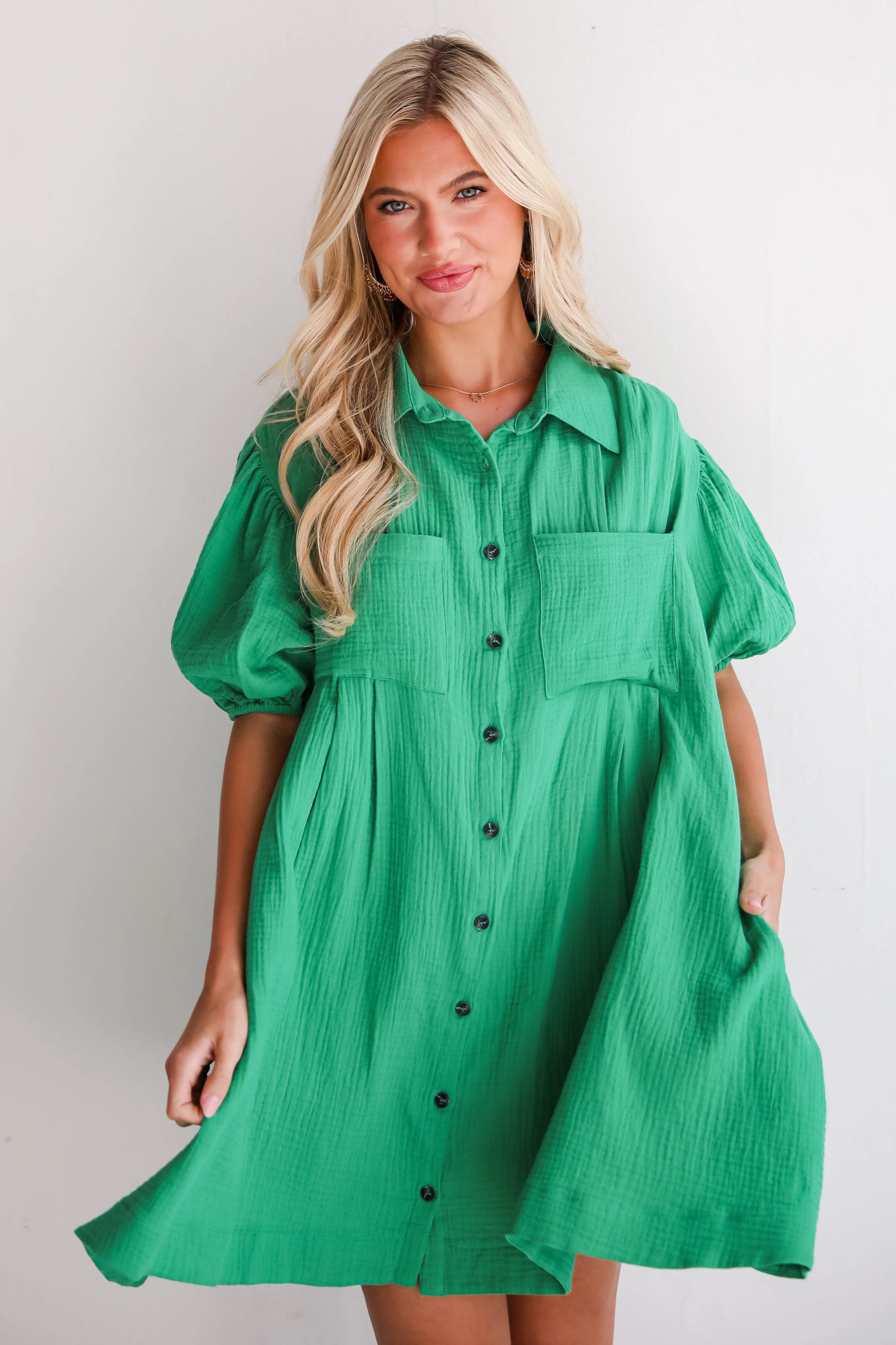 Infinitely Impressive Kelly Green Linen Mini Dress