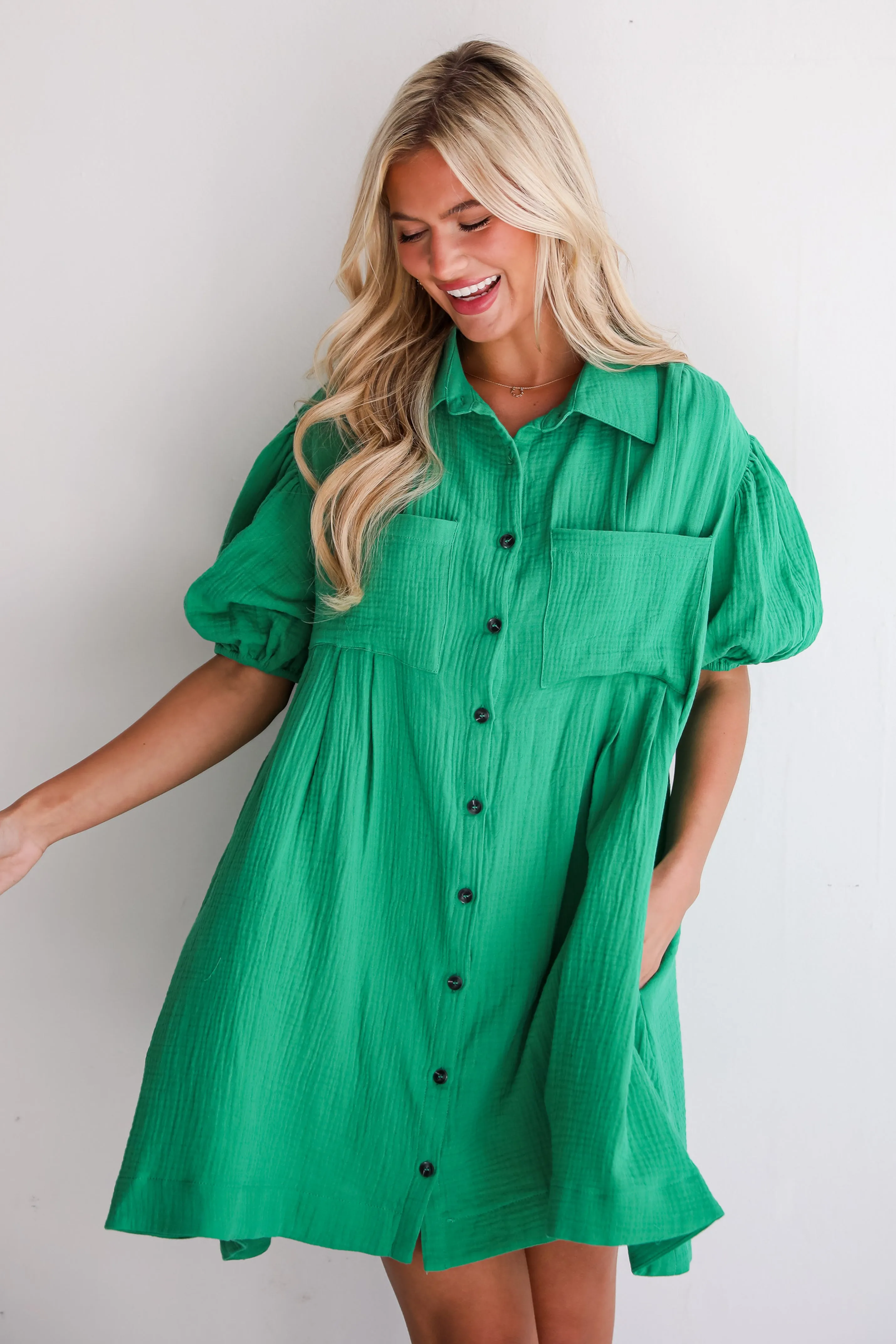 Infinitely Impressive Kelly Green Linen Mini Dress