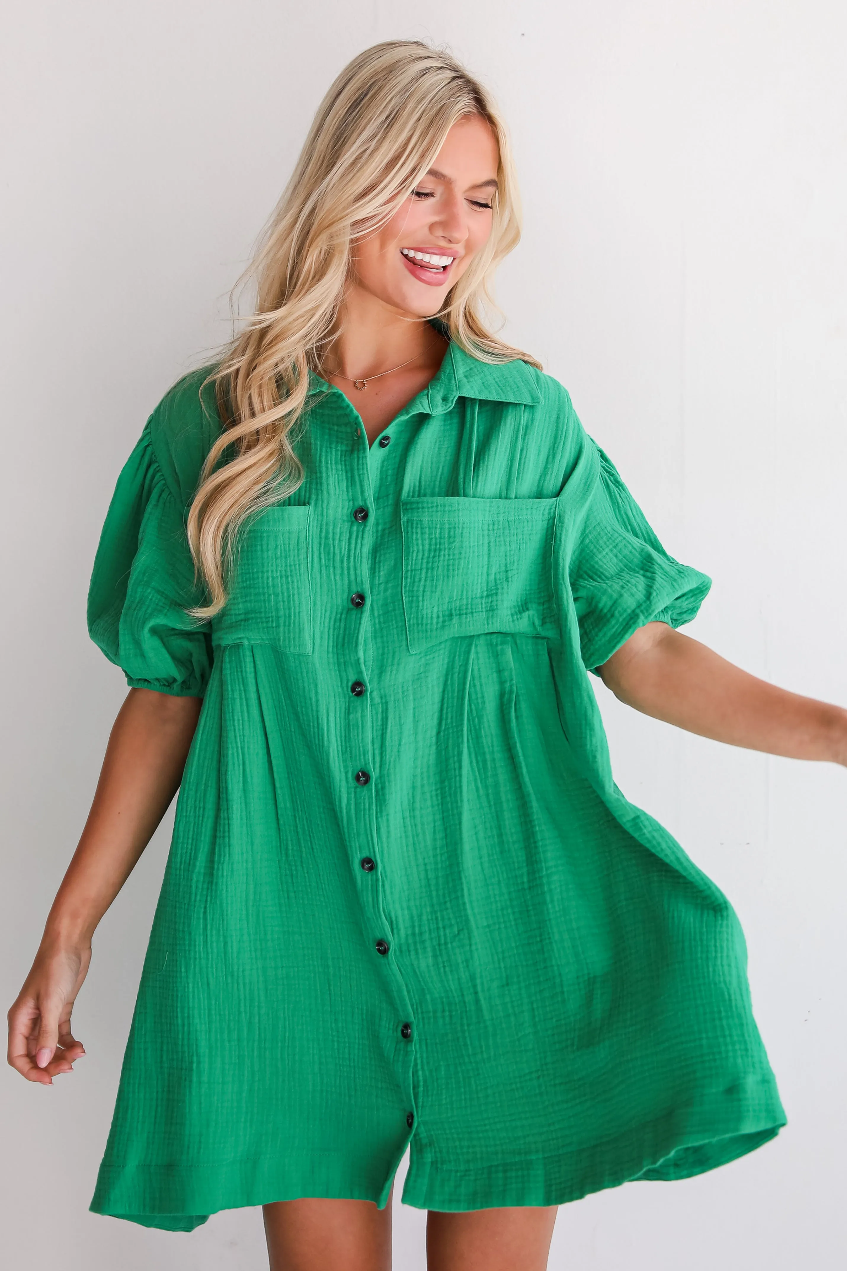 Infinitely Impressive Kelly Green Linen Mini Dress