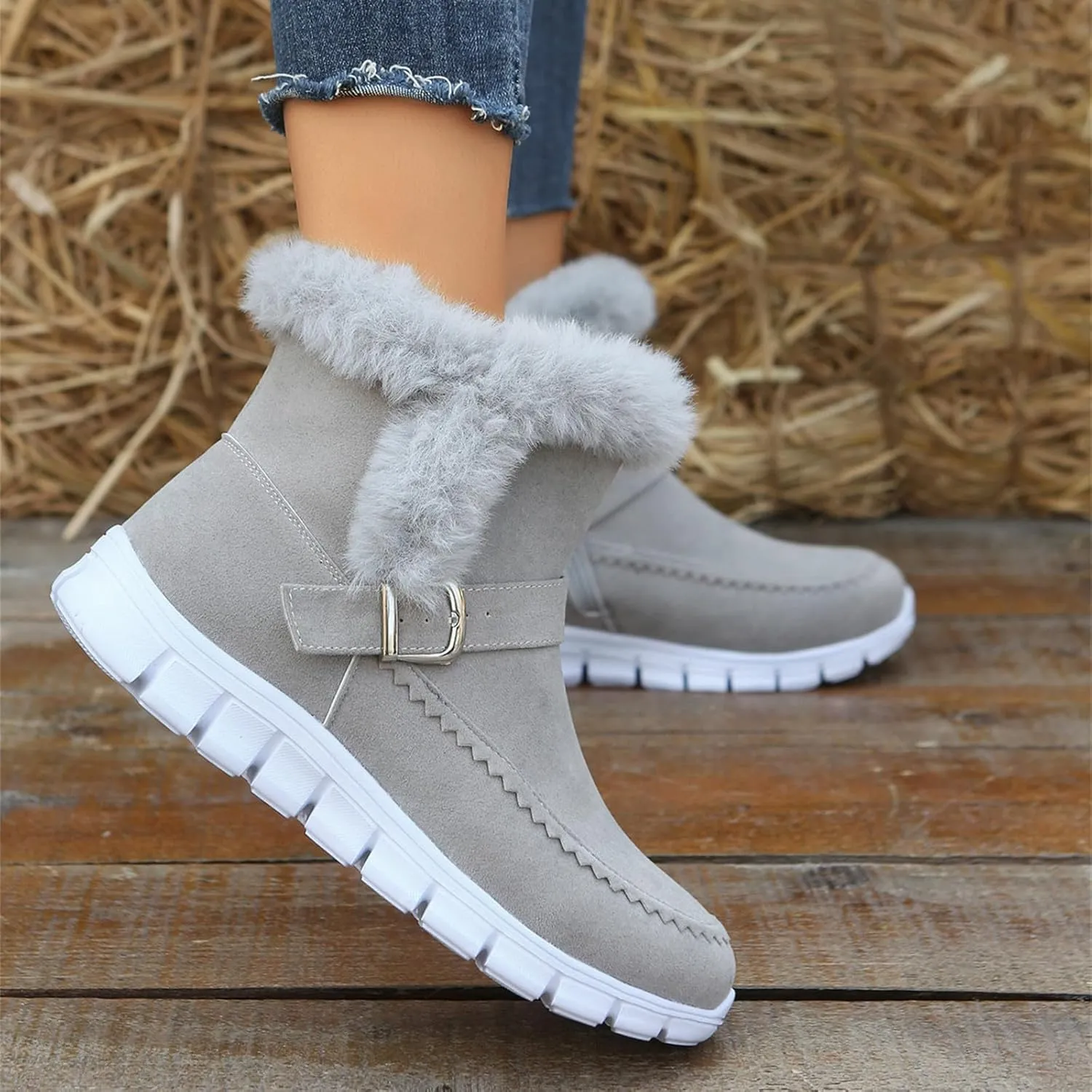 Ladmiple Snow Boots For Women Wide Calf Winter Boots Classic Faux Fur Lined Slip On Ankle Boots Fashion Warm Walking Shoes