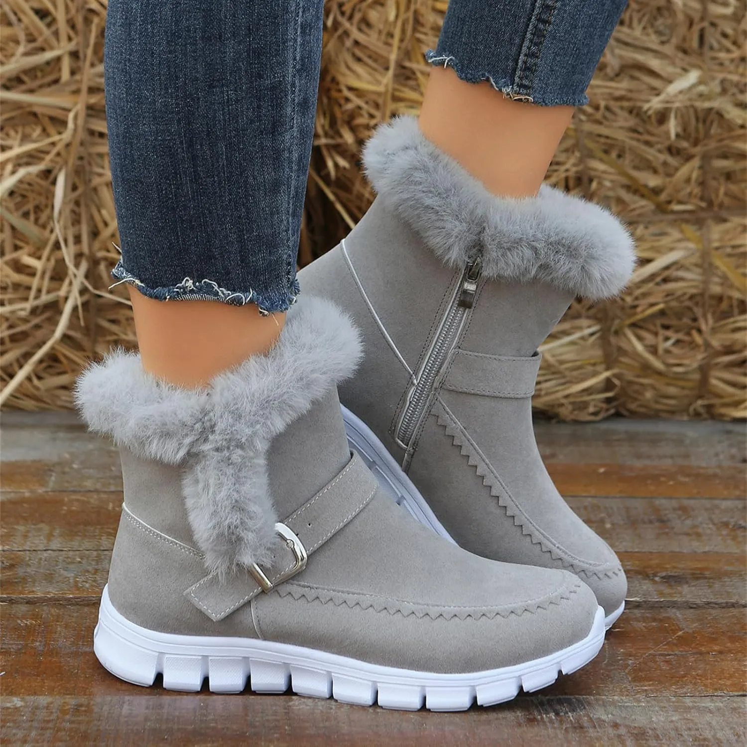 Ladmiple Snow Boots For Women Wide Calf Winter Boots Classic Faux Fur Lined Slip On Ankle Boots Fashion Warm Walking Shoes