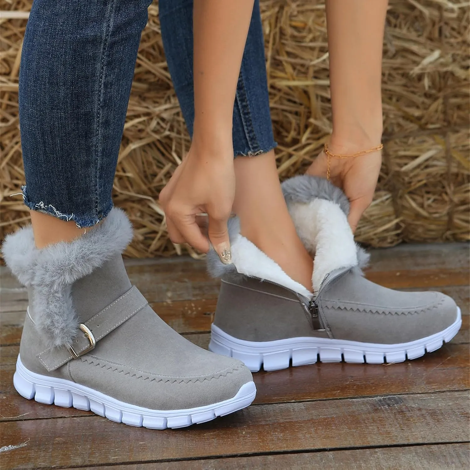 Ladmiple Snow Boots For Women Wide Calf Winter Boots Classic Faux Fur Lined Slip On Ankle Boots Fashion Warm Walking Shoes