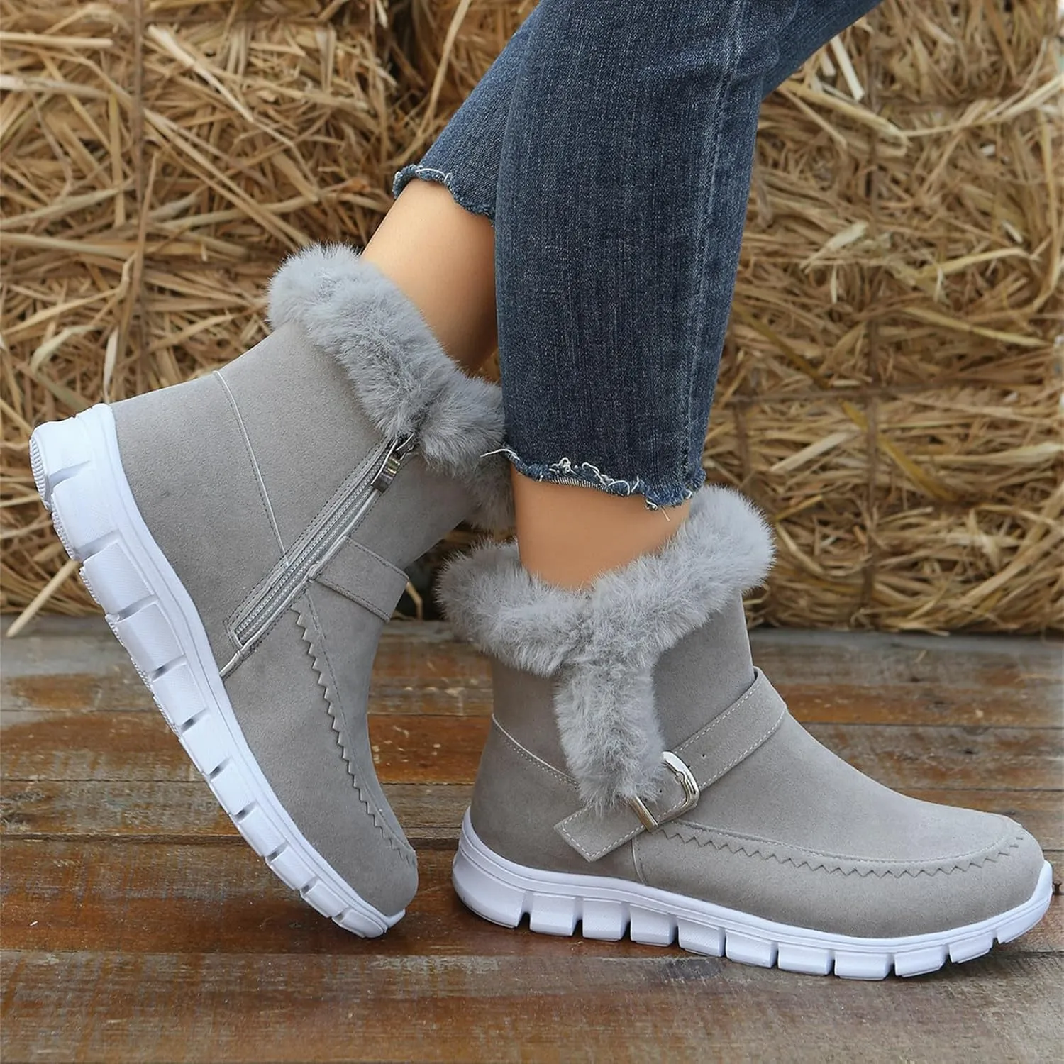 Ladmiple Snow Boots For Women Wide Calf Winter Boots Classic Faux Fur Lined Slip On Ankle Boots Fashion Warm Walking Shoes