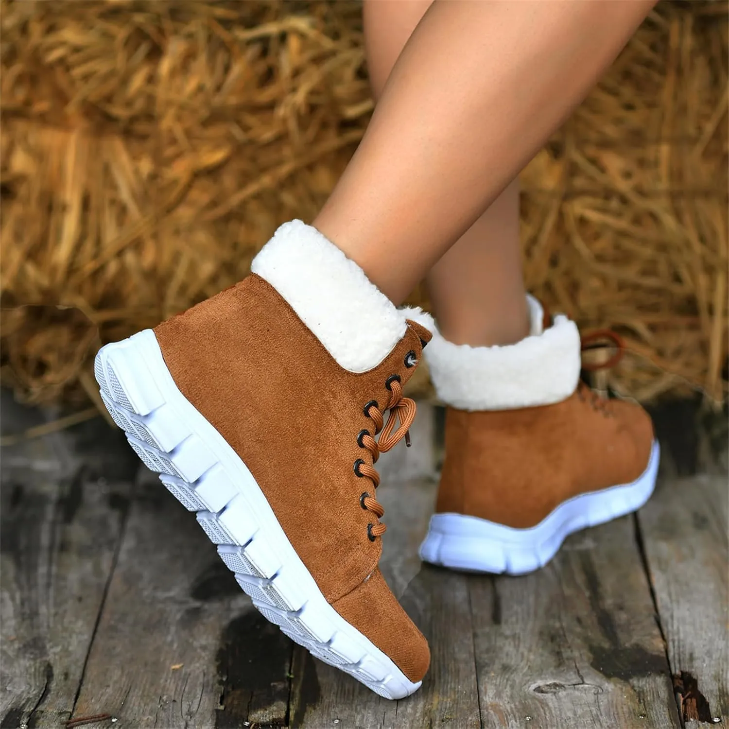 Ladmiple Snow Boots For Women Wide Faux Fur Lined Winter Ankle Booties Slip on Cold Weather Warm Outdoor Walking Shoes