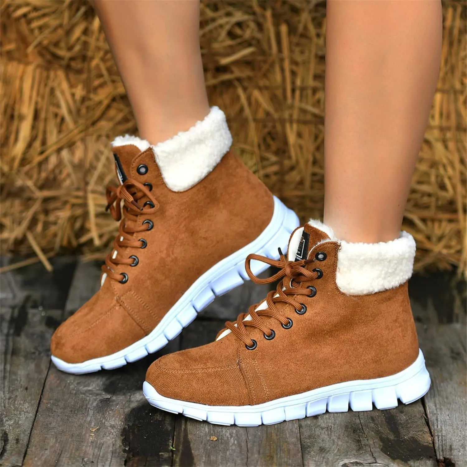 Ladmiple Snow Boots For Women Wide Faux Fur Lined Winter Ankle Booties Slip on Cold Weather Warm Outdoor Walking Shoes