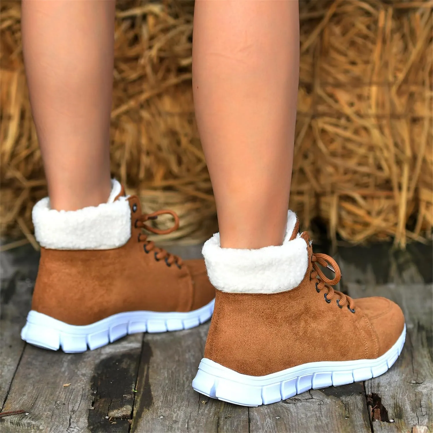 Ladmiple Snow Boots For Women Wide Faux Fur Lined Winter Ankle Booties Slip on Cold Weather Warm Outdoor Walking Shoes