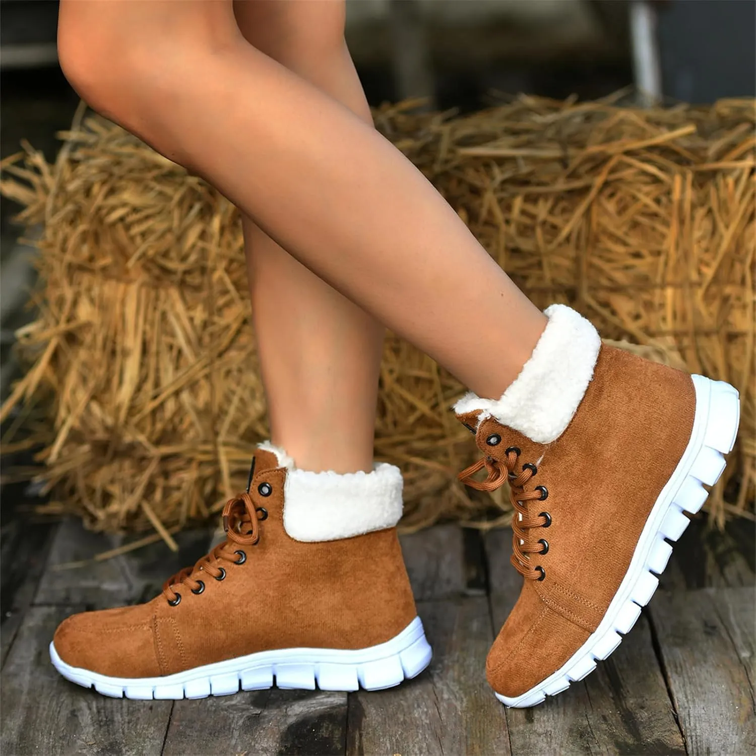 Ladmiple Snow Boots For Women Wide Faux Fur Lined Winter Ankle Booties Slip on Cold Weather Warm Outdoor Walking Shoes