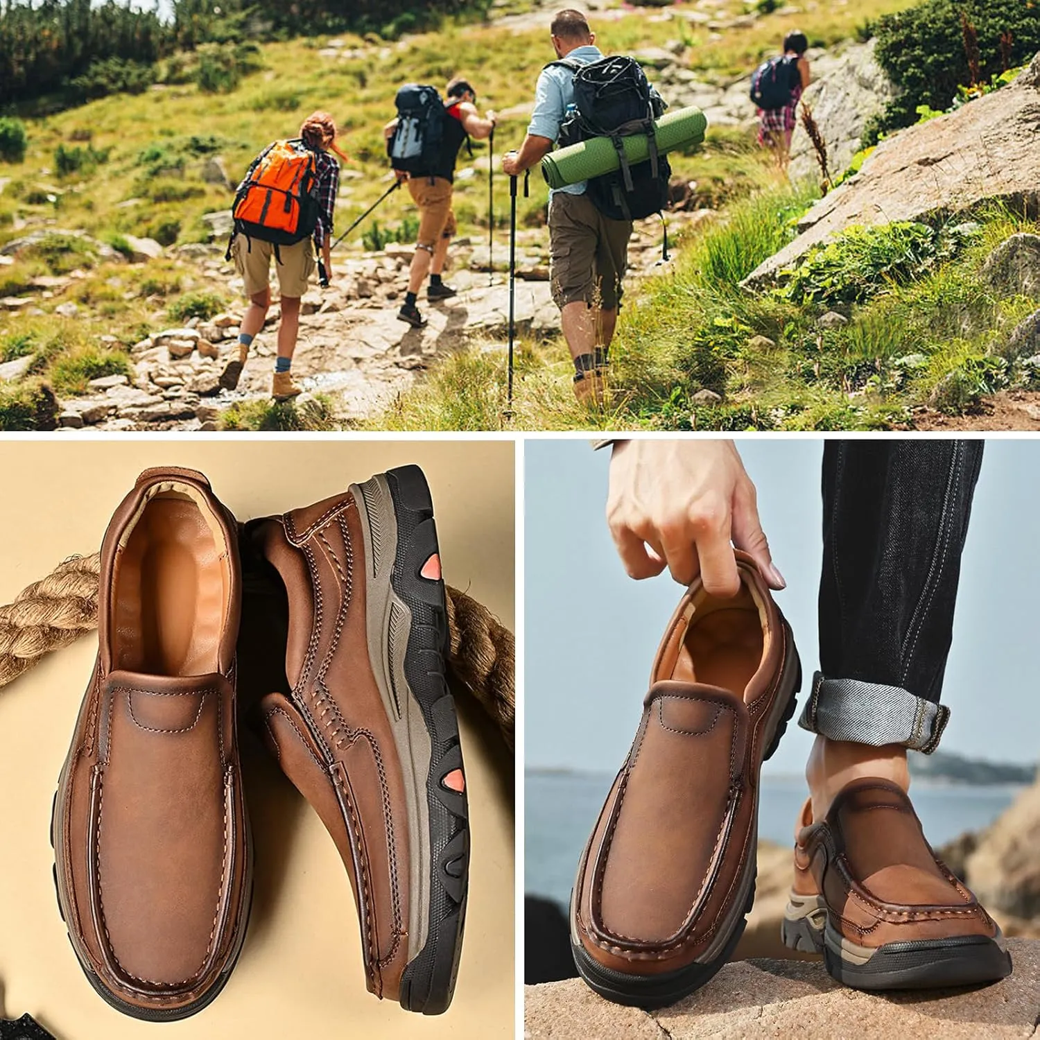 Men Casual Leather Sneakers Loafers Oxford Outdoor Walking Shoes Fashion Hiking Shoes Lightweight Slip on Walking Sneakers