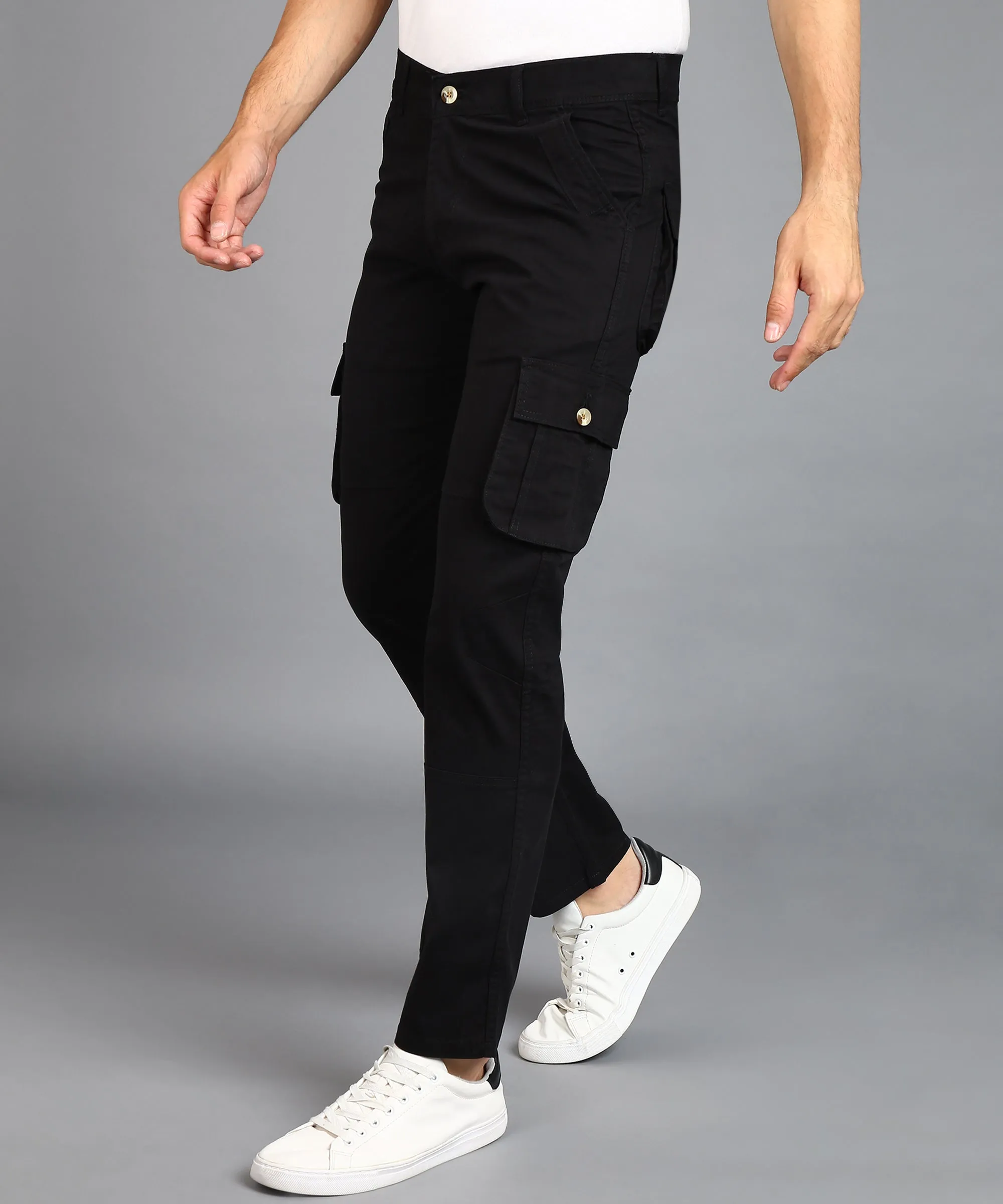 Men's Black Regular Fit Solid Cargo Chino Pant with 6 Pockets