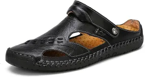 Mens Leather Sandals Hollow Closed Toe Summer Outdoor Casual Beach Shoes