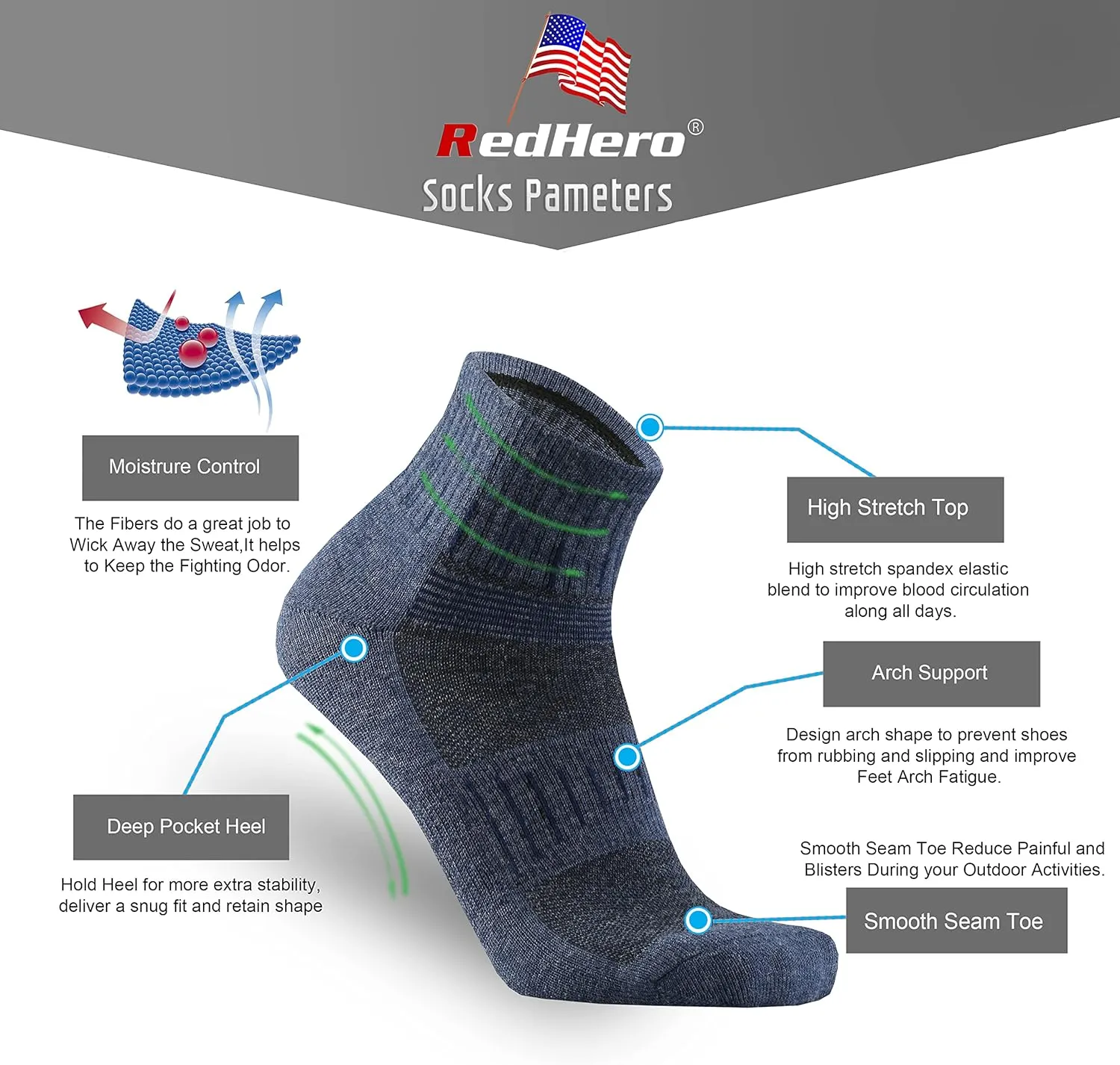 Men's Merino Wool Cushion Low Cut Quarter Socks Outdoor Hiking Hike Light Trail Running Performance Moisture Control