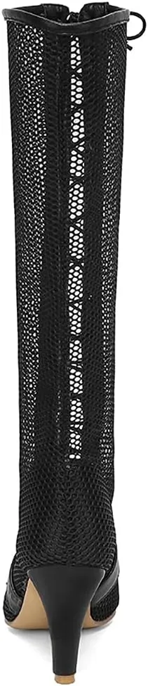 Parisuit Womens Knee High Lace Up Cut Out Gladiator Sandals Sexy High Heels Stiletto Pointed Toe Summer Boots