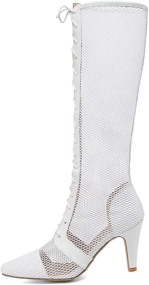 Parisuit Womens Knee High Lace Up Cut Out Gladiator Sandals Sexy High Heels Stiletto Pointed Toe Summer Boots