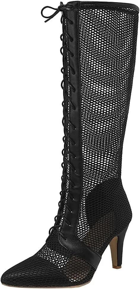 Parisuit Womens Knee High Lace Up Cut Out Gladiator Sandals Sexy High Heels Stiletto Pointed Toe Summer Boots