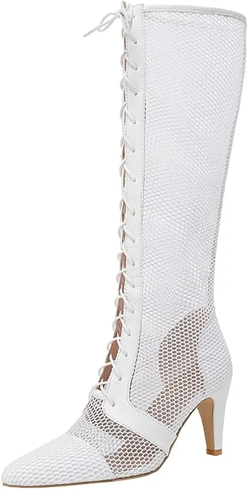 Parisuit Womens Knee High Lace Up Cut Out Gladiator Sandals Sexy High Heels Stiletto Pointed Toe Summer Boots