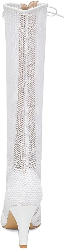 Parisuit Womens Knee High Lace Up Cut Out Gladiator Sandals Sexy High Heels Stiletto Pointed Toe Summer Boots