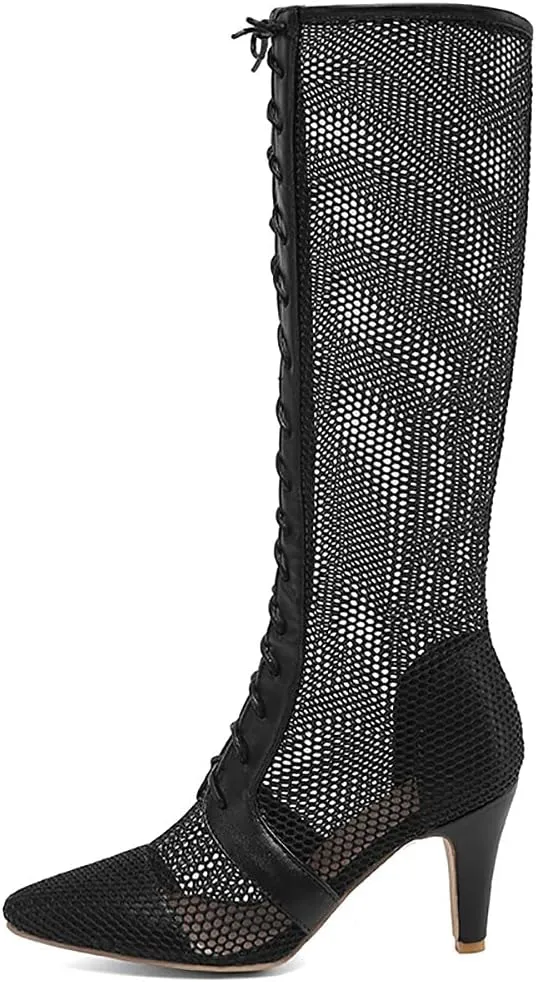 Parisuit Womens Knee High Lace Up Cut Out Gladiator Sandals Sexy High Heels Stiletto Pointed Toe Summer Boots