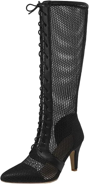 Parisuit Womens Knee High Lace Up Cut Out Gladiator Sandals Sexy High Heels Stiletto Pointed Toe Summer Boots