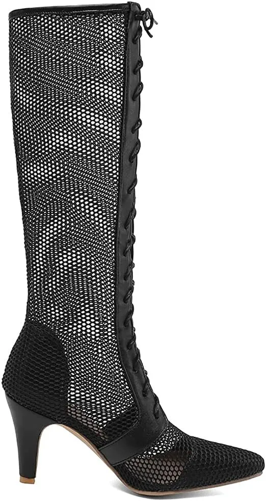 Parisuit Womens Knee High Lace Up Cut Out Gladiator Sandals Sexy High Heels Stiletto Pointed Toe Summer Boots