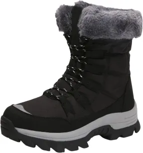 Women Snow Boot with Waterproof Lace Up Mid Calf Outdoor Winter Deep Tread Rubber Sole Cotton Lined Ski Shoes (Black, 7.5)