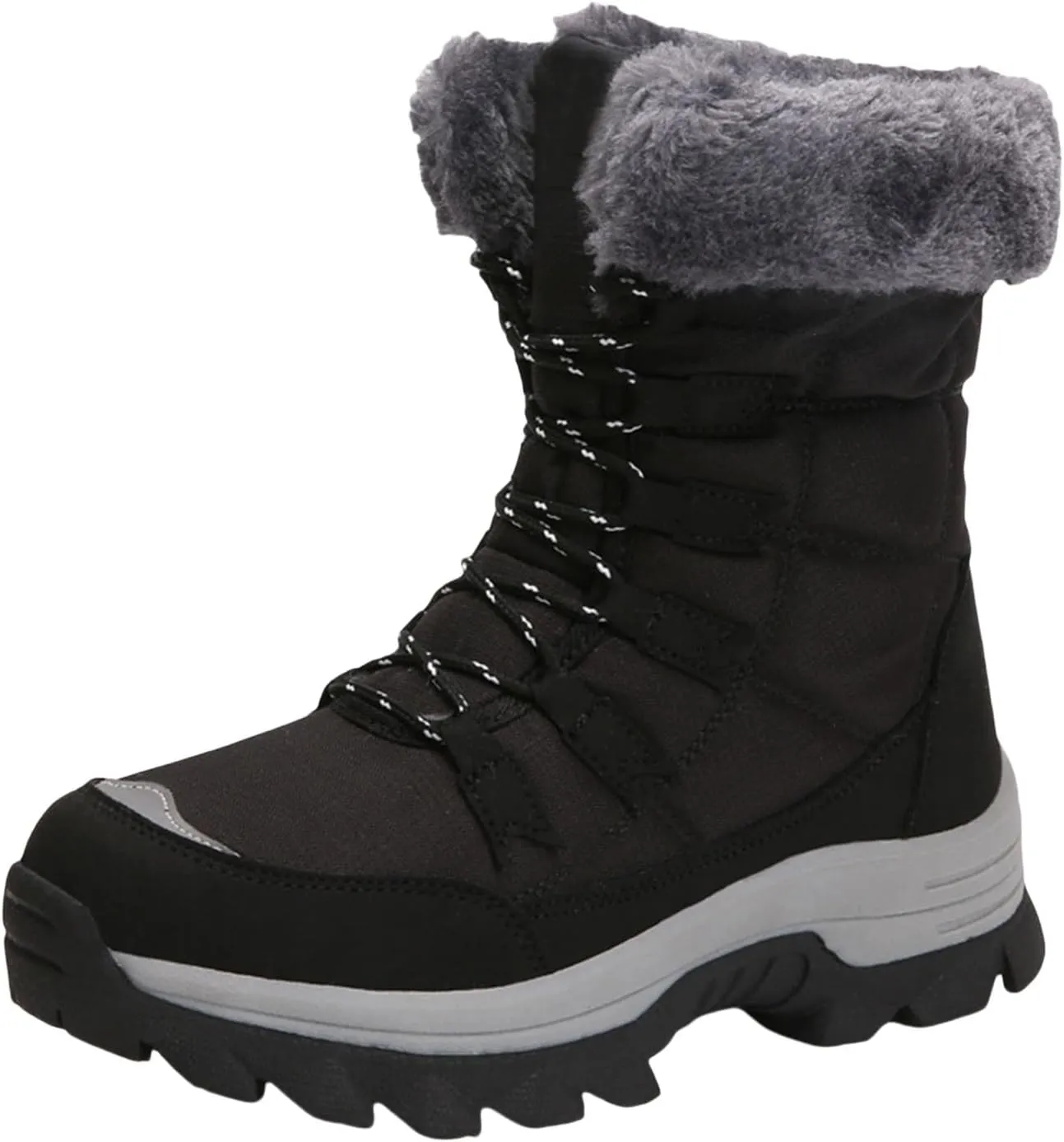 Women Snow Boot with Waterproof Lace Up Mid Calf Outdoor Winter Deep Tread Rubber Sole Cotton Lined Ski Shoes (Black, 7.5)