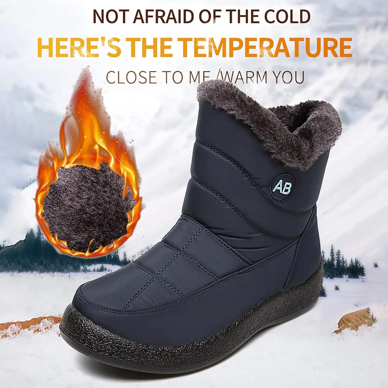 Womens Snow Boots Black Waterproof Unisex Fur Lined Slip On Boots Women's Slip On Winter Snow Boots Warm Women Snow Shoes Steel Toe Shoes for Men Mens Winter Booties